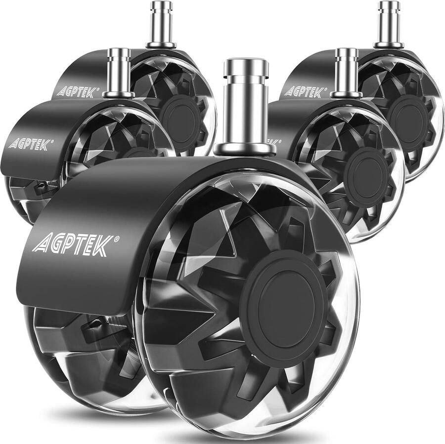 Set van 5 universele bureaustoelwielen 11 mm x 22 mm veilig voor tegels tapijt en hout