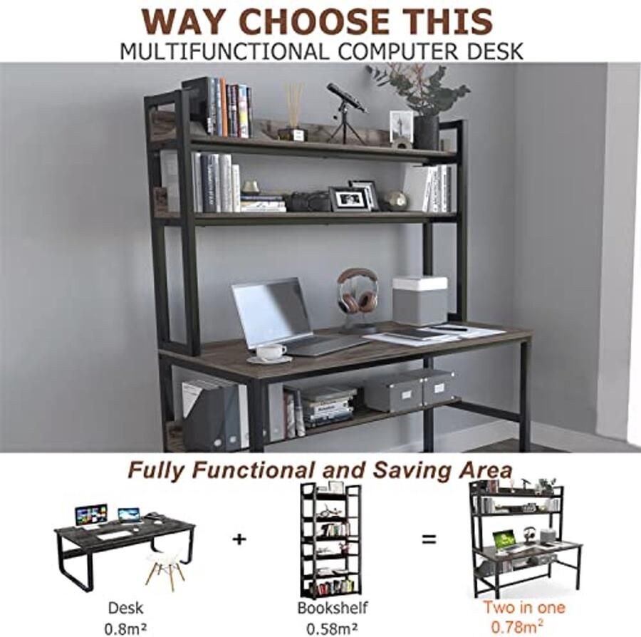 Ruimtebesparend Computerbureau van 165 cm met Boekenplank en Opbergplanken