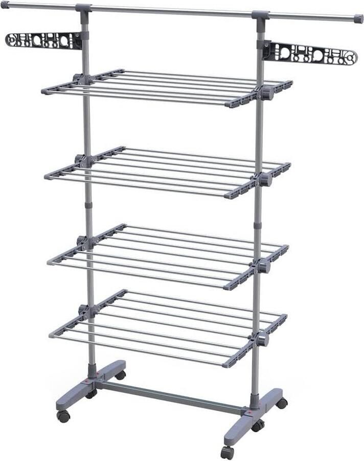 Ruimtebesparend Droogrek met Opvouwbare Vleugels Telescoopstang en 6 Wielen 27 m Drooglengte 4 Niveaus Opvouwbare kledingrek