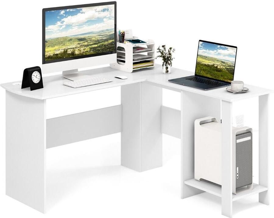 “Ruimtebesparend Hoekbureau – L-Vormig Met Planken 130 x 130 x 72 5 cm Zwart Wit”