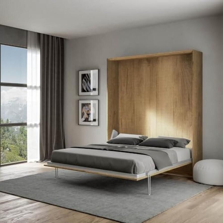 Ruimtebesparend Opklapbed met Kast en Lattenbodem Functionaliteit in Natuurlijk Eiken