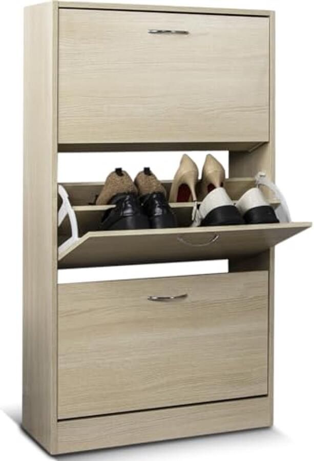 Ruimtebesparend Schoenenrek met 3 Klapdeuren en Dubbele Diepte Melaminehout 60 x 24 x 120 cm