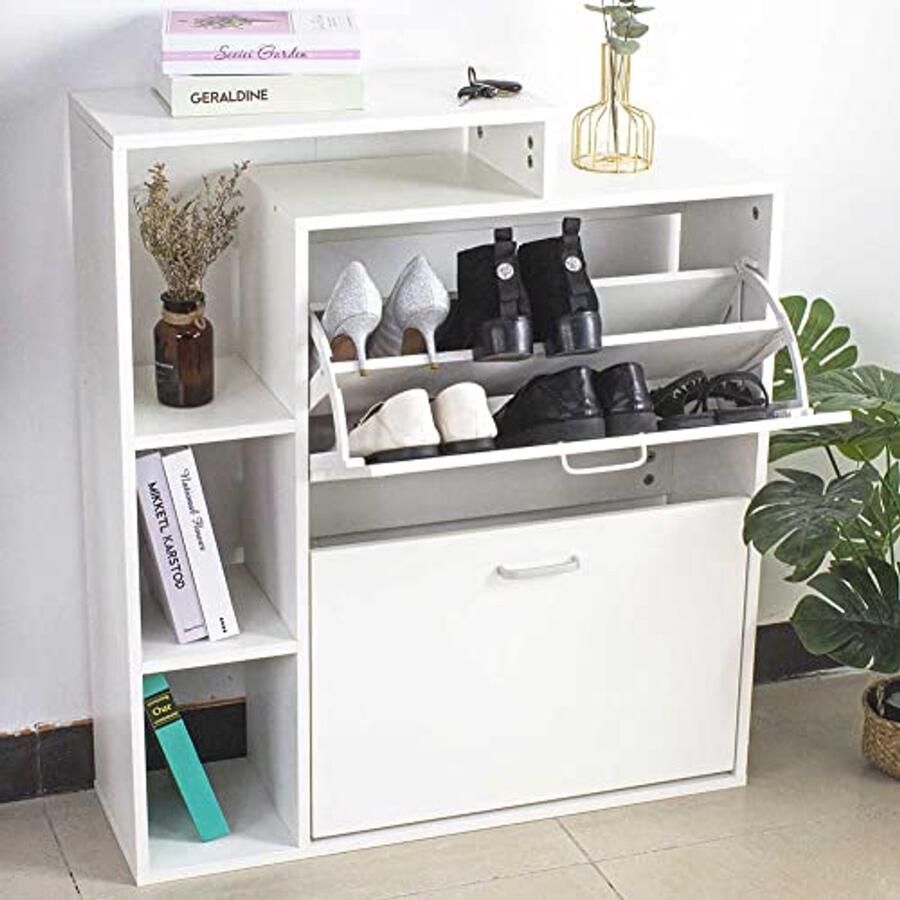 Ruimtebesparend schoenenrek met boekenkast en klapdeuren Modern design 4 planken compact formaat