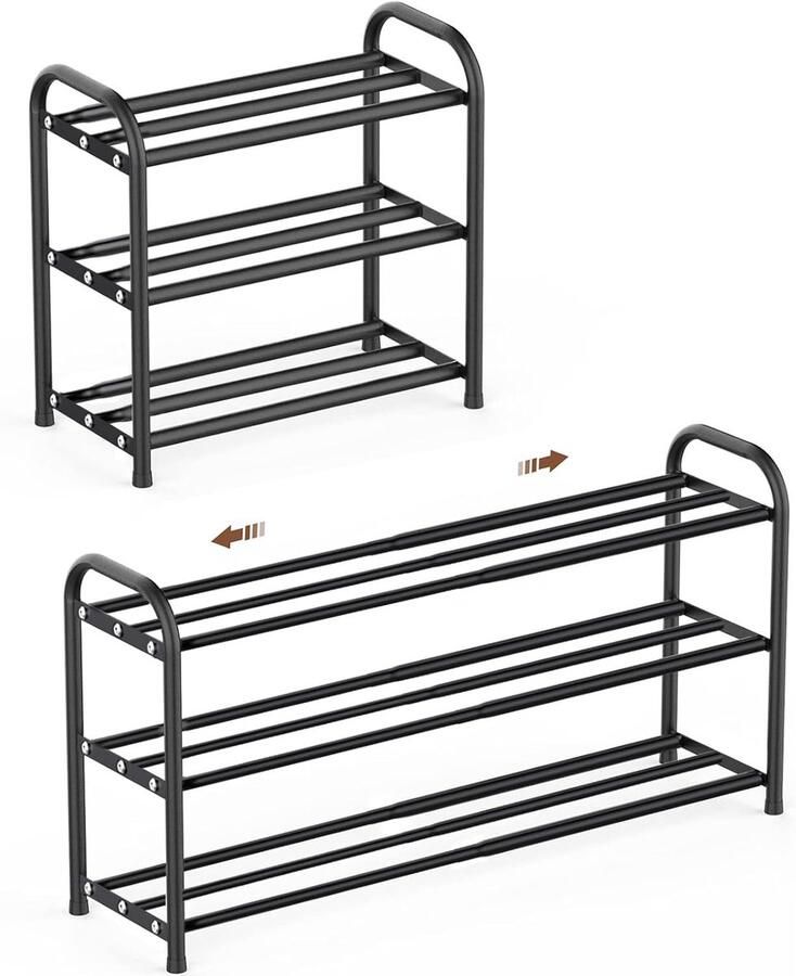 Ruimtebesparend Uittrekbaar Schoenenrek voor Binnen en Buiten Verstelbaar Metaal Zwart