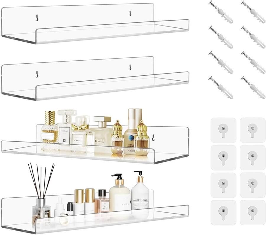 Ruimtebesparend wandrek set van 4 transparant acryl 30 cm