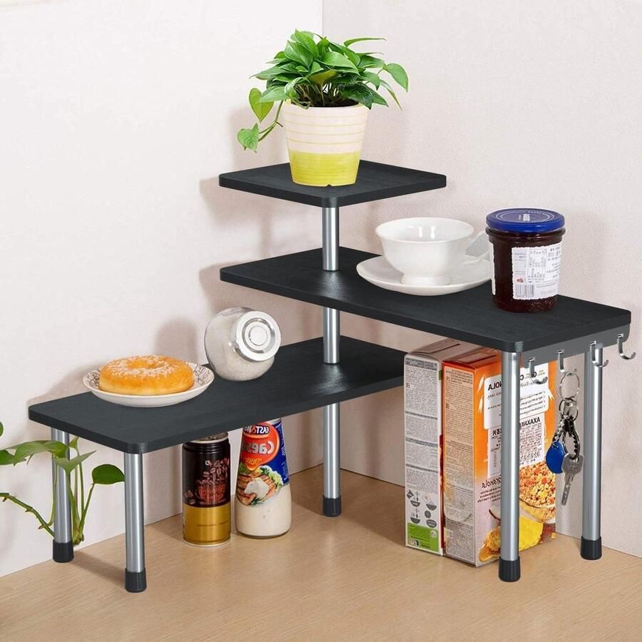 Ruimtebesparende 3-laags kruidenrek met haken verstelbare displayplanken voor keukenopslag slaapkamer badkamer kantoor zwart opbergrek