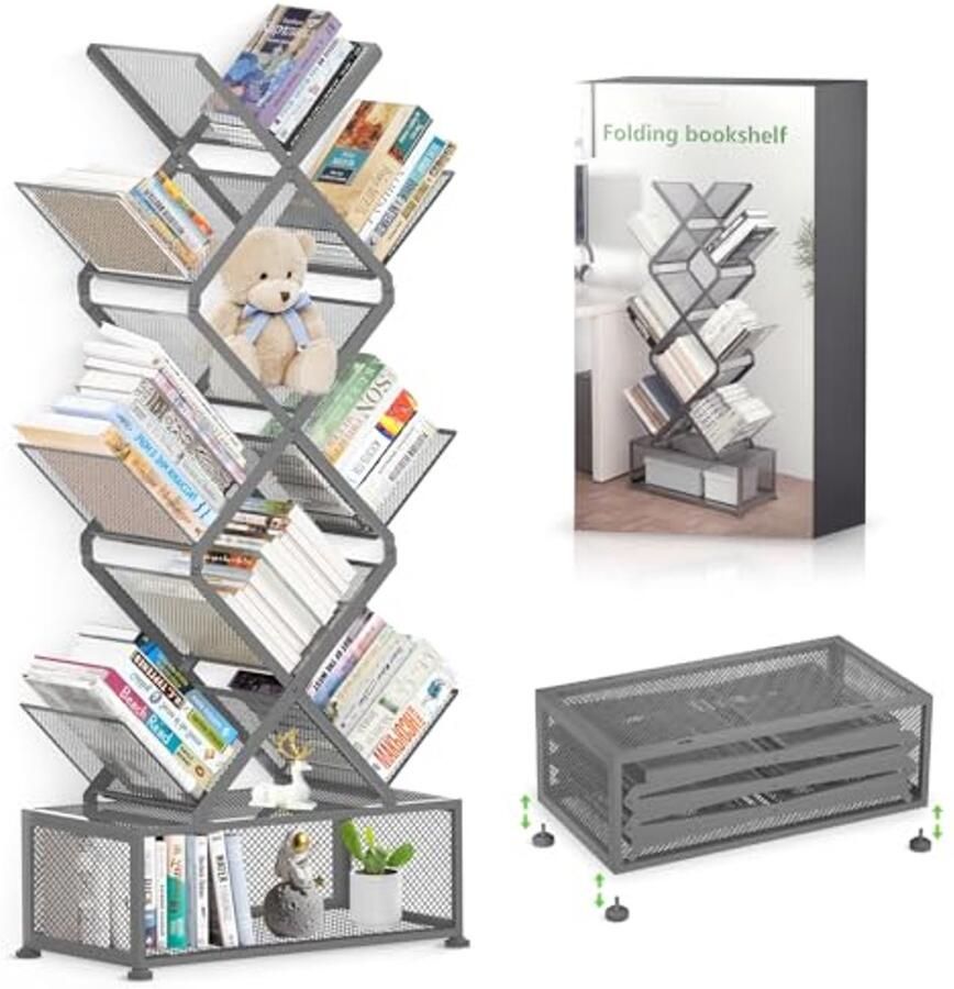 Ruimtebesparende Boekenkast met 9 Niveaus Hoekrek voor Slaapkamer Woonkamer en Thuiskantoor