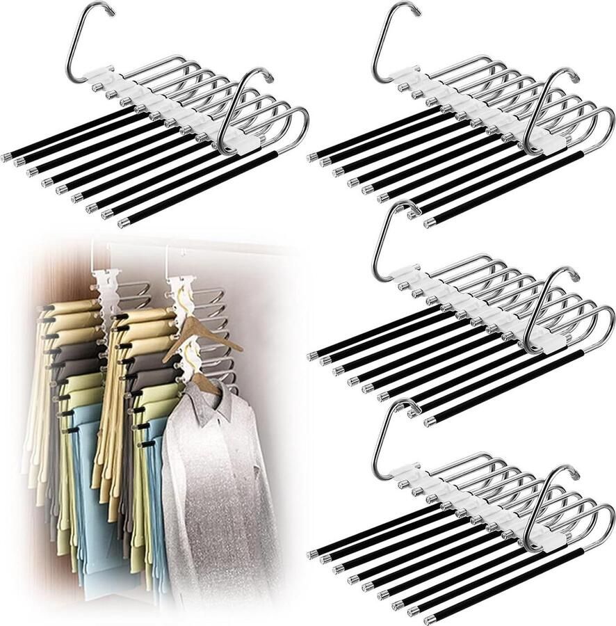 Ruimtebesparende Broekhanger 4 stuks voor Efficiënte Opslag in Kledingkast Praktische Kleerhangers met Voldoende Ruimte kledingkast