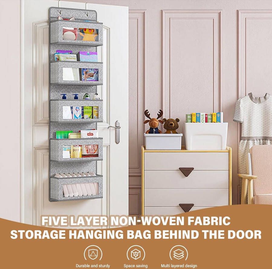 Ruimtebesparende hangorganizer voor badkamer en kinderkamer hangplank met 5 vakken en 2 metalen haken hangopberger grijs