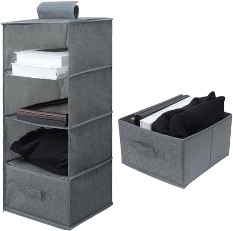 Ruimtebesparende kast met 4 vakken organizer hangkast met 1 lade inklapbaar rek voor de binnenkast wasbaar organizer voor kast (grijs)
