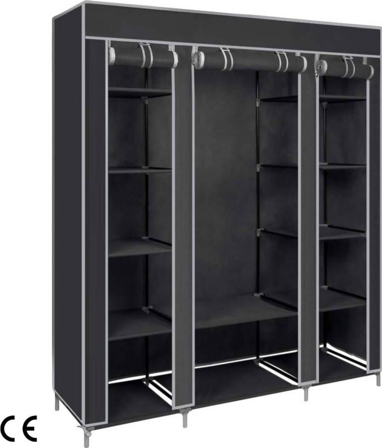 Ruimtebesparende Kledingkast Organisator: Draagbare Canvas Kast met Hangende Rail & Opbergplanken Ideaal voor Slaapkamer Opbergen Strak Zwart Ontwerp