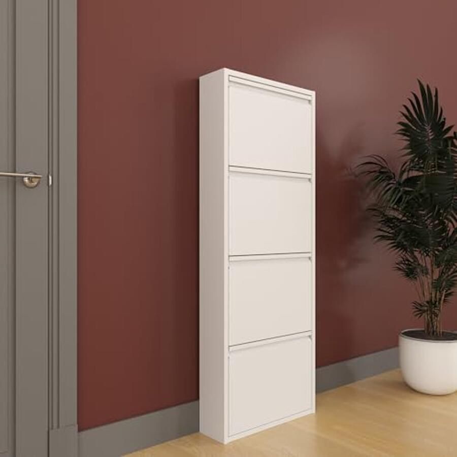 Ruimtebesparende metalen schoenenkast met magnetische kleppen 4 kleppen voor 8-12 paar schoenen Wandgemonteerd en voorgemonteerd Wit