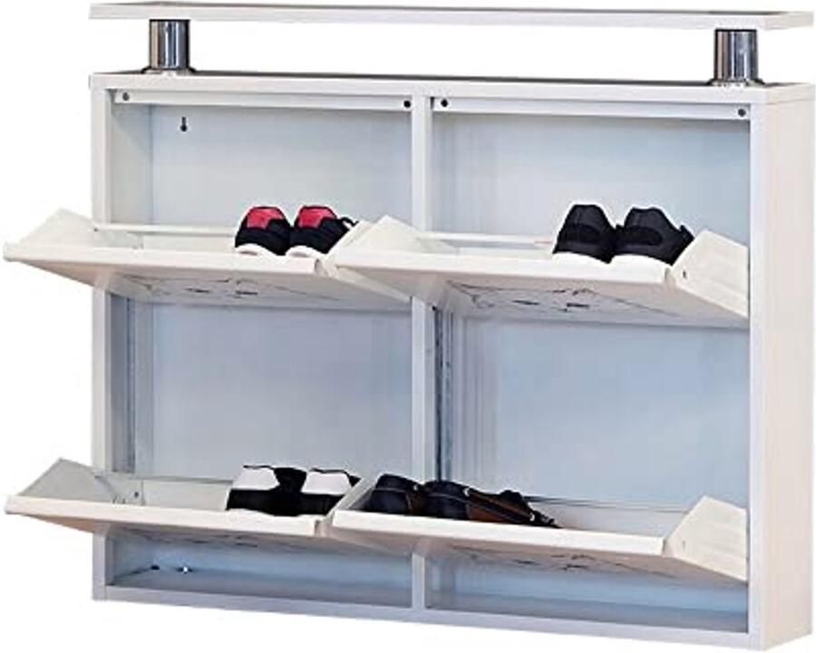 Ruimtebesparende schoenenkast met 4 deuren in wit voor 8 tot 12 paar schoenen en laarzen