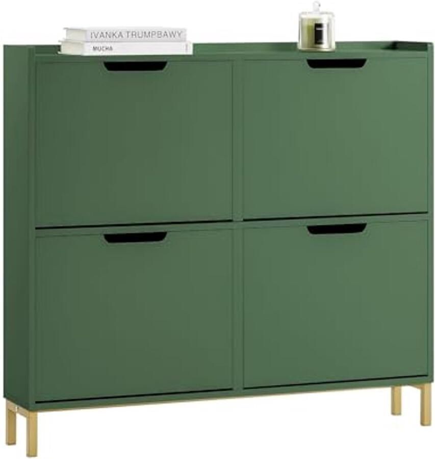 Ruimtebesparende Smalle Schoenenkast met 4 Flappen voor Hal 100 x 91 x 19 cm Donkergroen