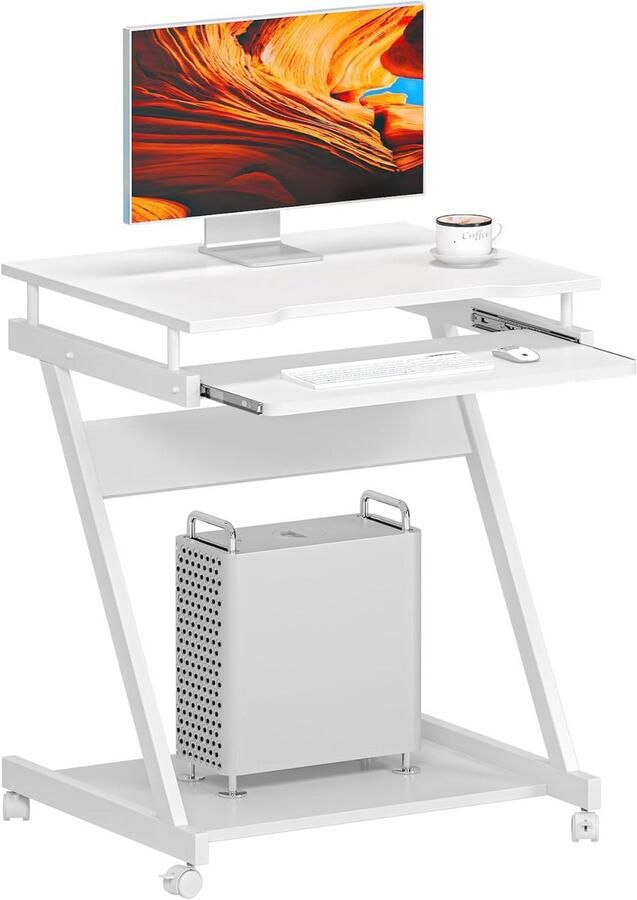 Ruimtebesparende Z-vormige computertafel met wielen en toetsenbordlade voor laptop en pc