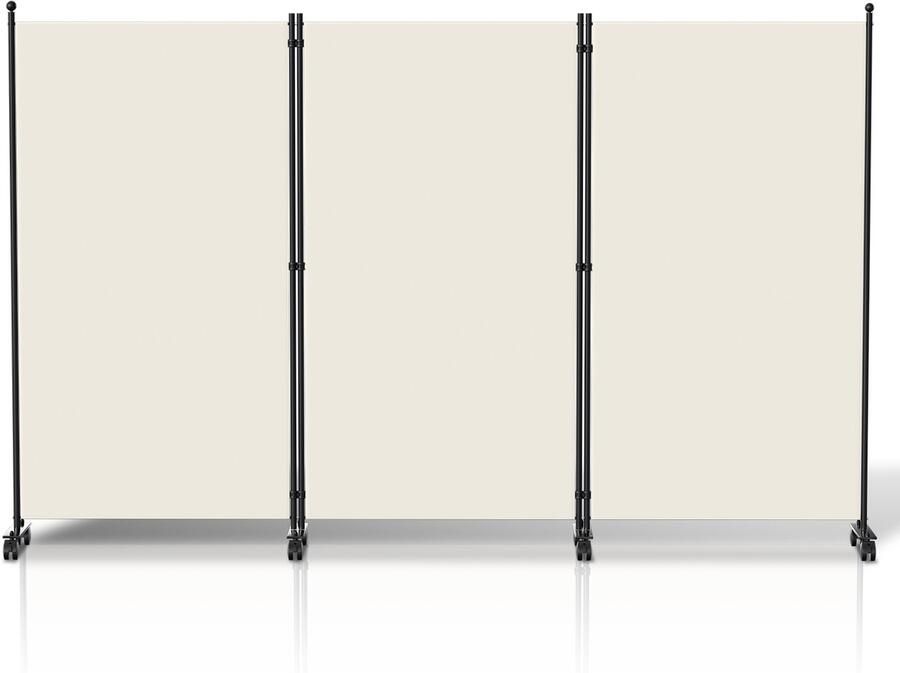 Ruimteverdeler op wielen Kamerscherm met 3 panelen 263 x 181 cm Kamerverdeler Tuin scheidingswand inkijkbescherming opvouwbaar Beige