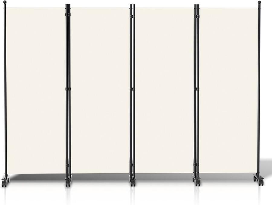 Ruimteverdeler op wielen Kamerscherm met 4 panelen 228 x 181 cm Kamerverdeler Tuin scheidingswand inkijkbescherming opvouwbaar Beige