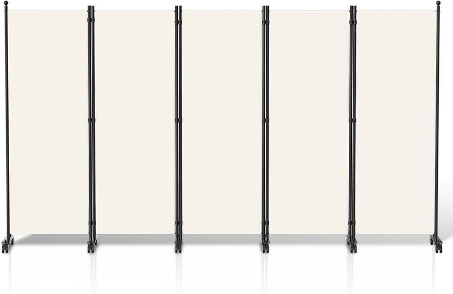 Ruimteverdeler op wielen Kamerscherm met 5 panelen 284 x 181 cm Kamerverdeler Tuin scheidingswand inkijkbescherming opvouwbaar Beige
