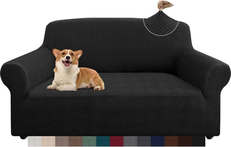 Ruitvormige dikke bankovertrek met elastische stof Stijlvolle 2-zits loveseat bankbescherming voor huisdieren Zwart