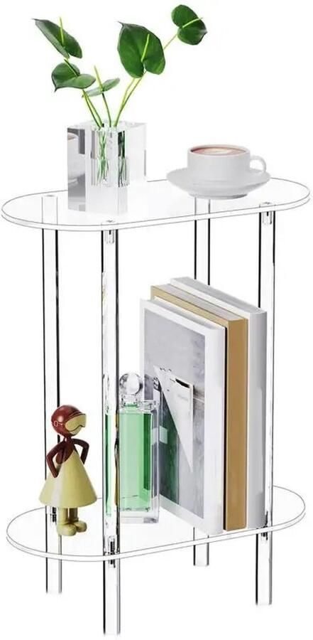 Rumi Theetafel Acryl Transparante Sofa Bijzettafel 2-Tier Salontafel Ovaal Einde Nachtkastje Voor Woonkamer en Slaapkamer Lichtgewicht en eenvoudig te verplaatsen Tweelaags ontwerp