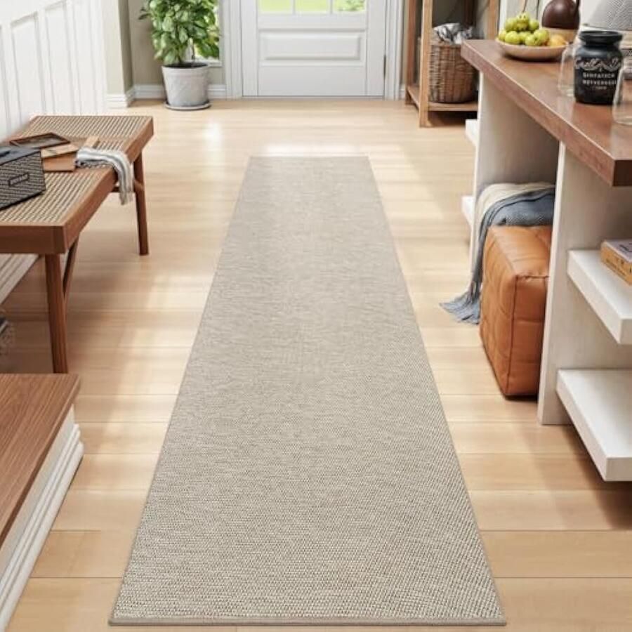 Runner vloerkleed 43.5 x 200 cm extra lange antislip vuilvangmat keukentapijtloper met rubberen achterkant dunne en wasbare vloermat bovendien voor hal entree wasgoed beige