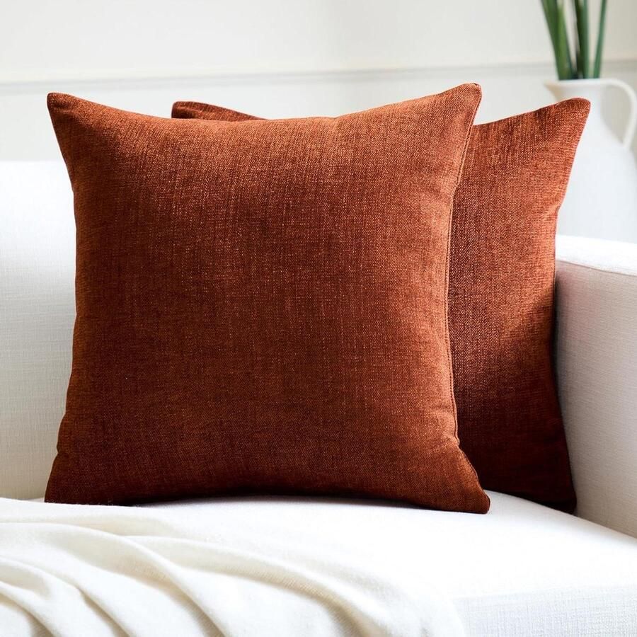 Chenille Throw Pillow Covers 2 Pieces Set Rust Orange 40 x 40cm Textured Solid Colour Soft & Smooth Square Accent Decorative Cushion for Couch Sofa Chair Bed & Floor Encasa Homes