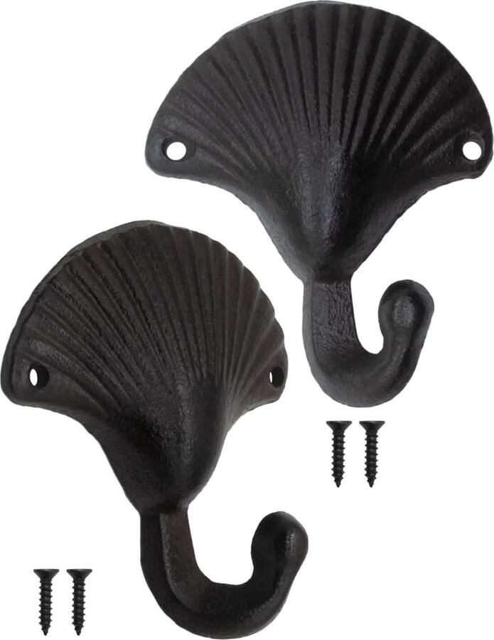 Rustic Iron Hooks Towel Hooks Art Deco Shell Design Black 10 x 9 cm Set of 2 Vintage Bathroom Decor