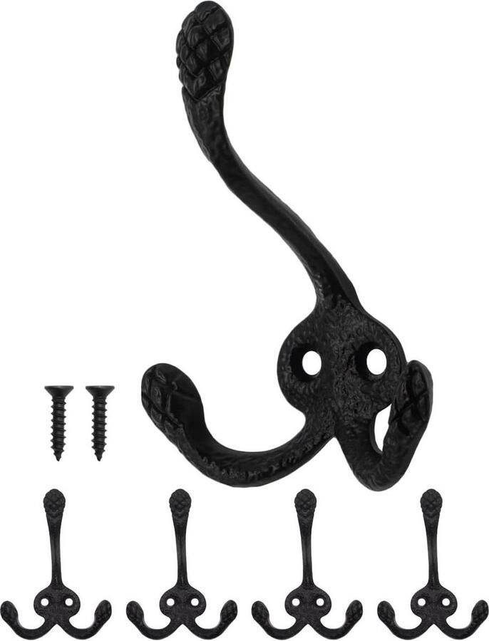 Rustic Iron Hooks Wardrobe Clothes Hooks Cast Iron Design Vintage Country House Retro Set of 5 Black