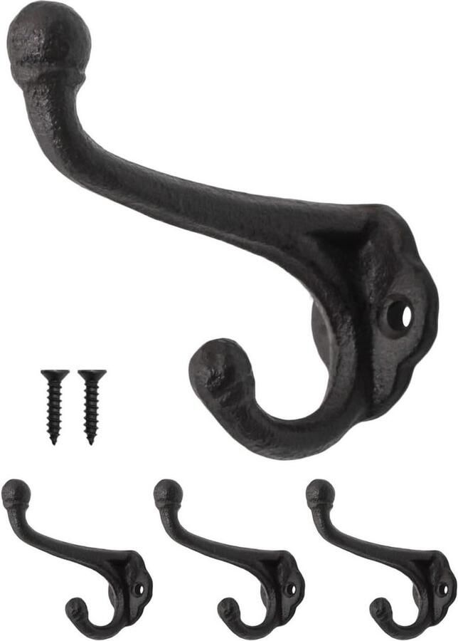Rustic Iron Wardrobe Hooks Vintage Retro Cast Iron Design Set of 3 Black (8 x 8 cm)