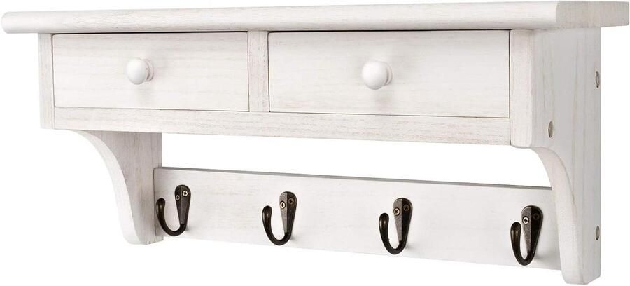 Rustic Wooden Coat Rack with Shelf and Vintage Hooks (White)