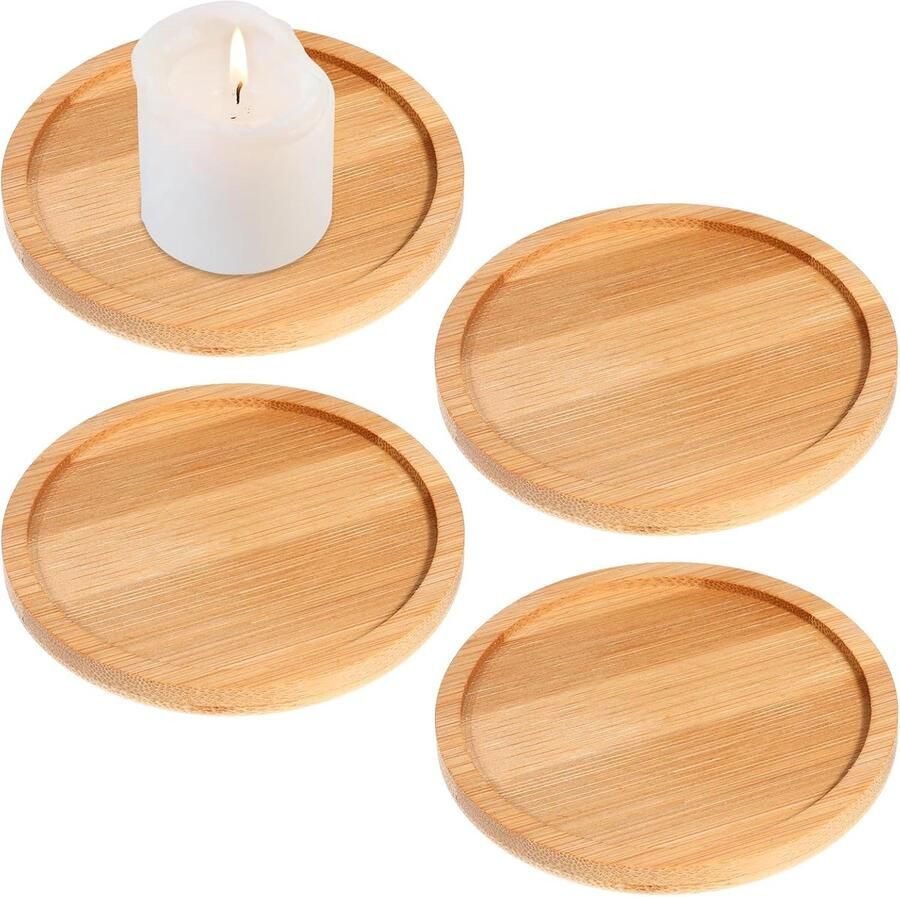 Rustiek Bamboe Dienblad Kaarsenhouder Set van 4 Ronde Houten Decoratieve Tray voor Tafel