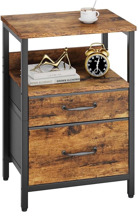 Rustiek bruin nachtkastje met 2 stoffen laden en open plank