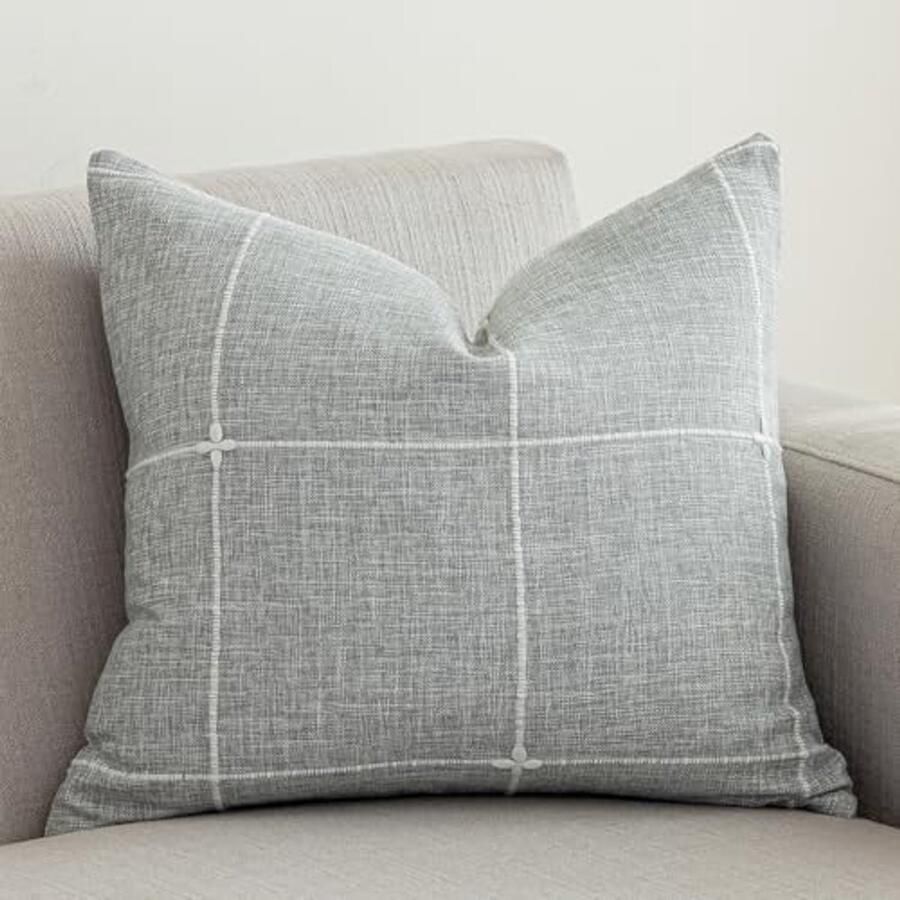 Rustiek Katoenen Linnen Decoratieve Kussenhoes met Borduurwerk Vierkante Kussensloop voor Bank of Slaapkamer (Grijs Geruit 40 x 40 cm)