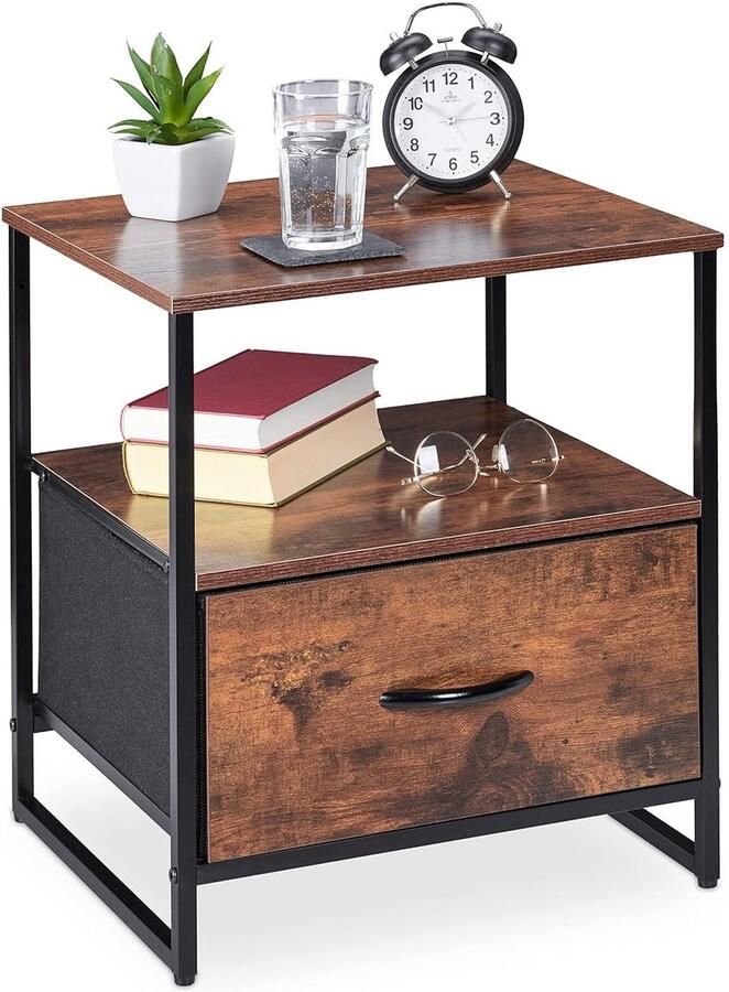 Rustiek nachtkastje industrieel design 1 stuk zwart en donkerbruin met lade