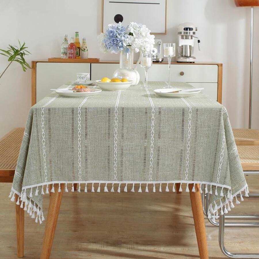 Boho vierkant tafelkleed rustieke tafelbedekking 1 stuk groen linnen 100 cm