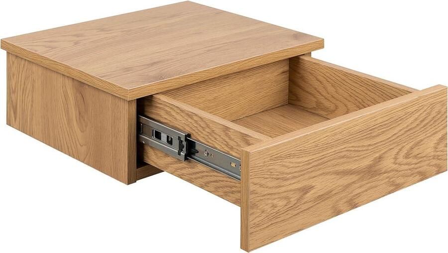 Rustiek vierkant nachtkastje met 1 lade in wilde eiken look voor wandmontage Minimalistisch design B: 37 x H: 13 x D: 32 cm Beside shelf