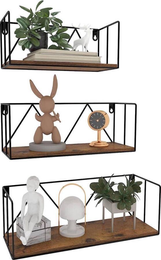 Rustiek wandrek 3-delige set met metaaldraad voor kleine potplanten decoratief stuk voor woonkamer slaapkamer en kantoor