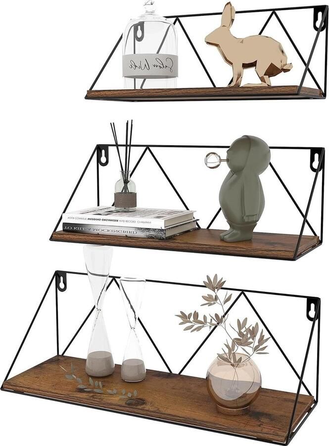 Rustiek wandrek 3-delige set van hout en metaal geschikt voor keuken badkamer woonruimte kantoor bathroom shelf wood