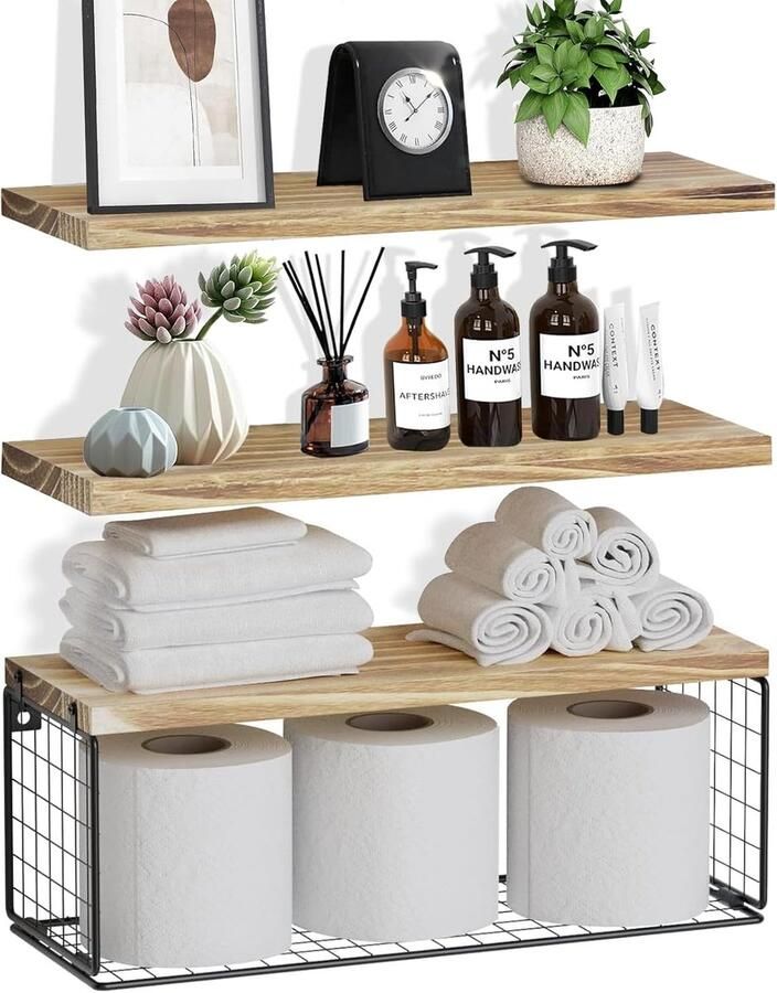 Rustiek wandrek met draad opbergmand wandplank voor badkamer boven toilet en keuken industriële stijl