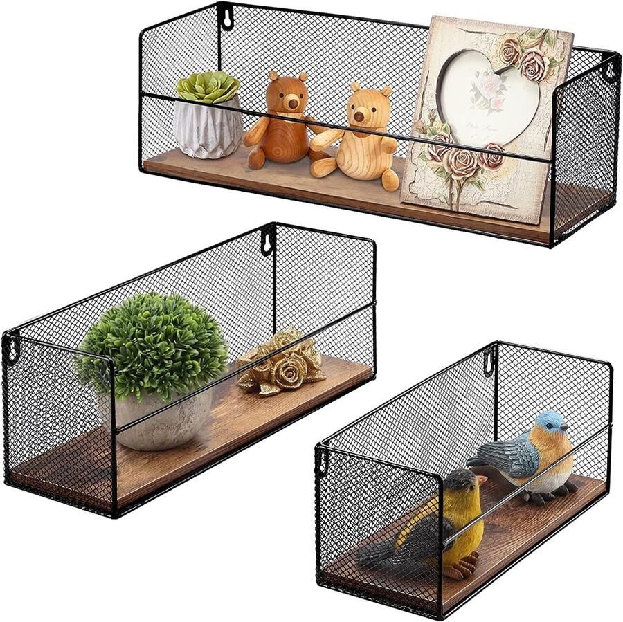 Rustiek wandrek met zwevende planken decoratie voor huis en kantoor 3 stuks zwart hout en metalen draadframe