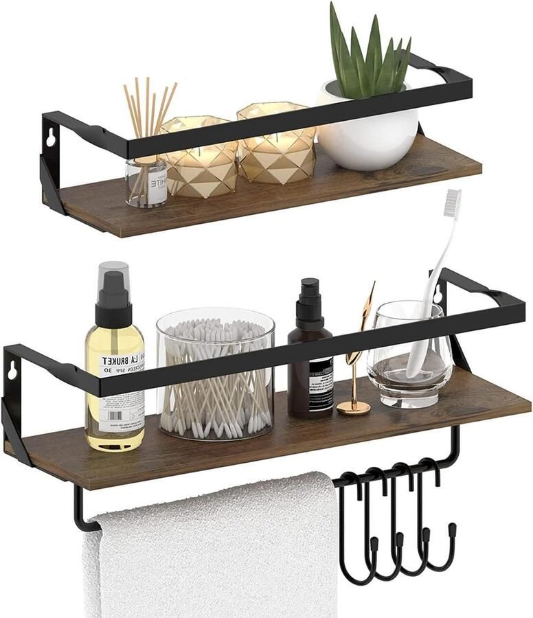 Rustiek Wandrek Set Houten wandrek met haken 2-delige set Natuurlijk hout Inclusief metaal