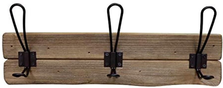 Rustiek wandrek van massief hout met 3 dubbele haken voor entree keuken en badkamer