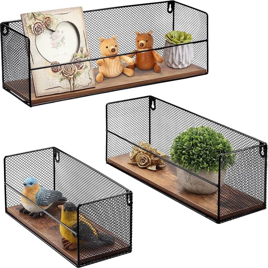 Zwevend wandrek zwart Rustiek design met metalen draadframe Hangend rek voor badkamer slaapkamer woonkamer Houten planken Set van 3 stuks (27 33 40 cm)