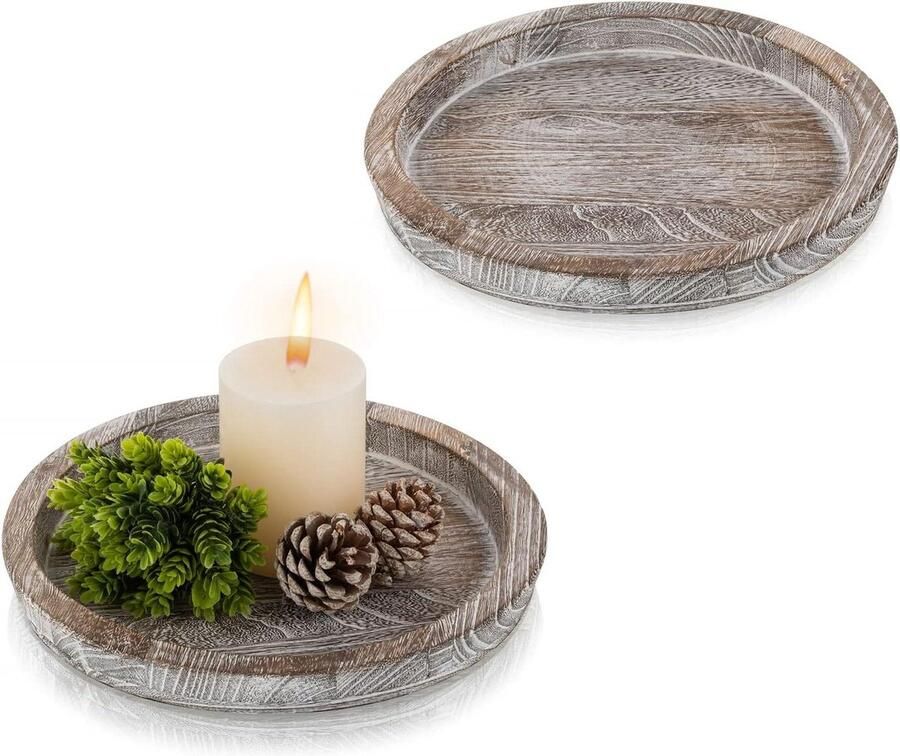Rustiek houten dienblad Wit gewassen rond Decoratief dienblad set van 2 Kaarsenhouder trays Boerderij Ottomaanse dienblad Cirkel salontafel lade Thuis keuken Hanobe wooden tray