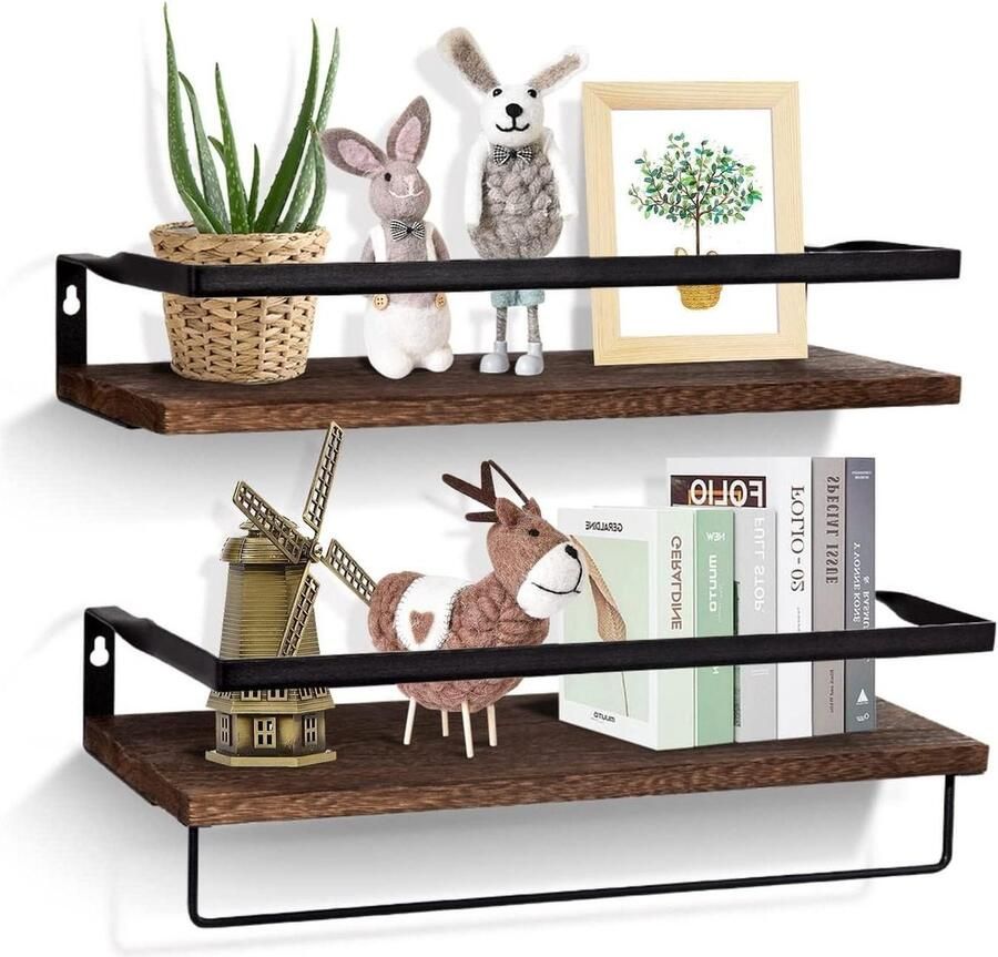 Rustiek zwevend houten wandrek met handdoekhouder set van 2 wandmontage voor slaapkamer en woonkamer bruin 42 x 15 x 75 cm Wandrek
