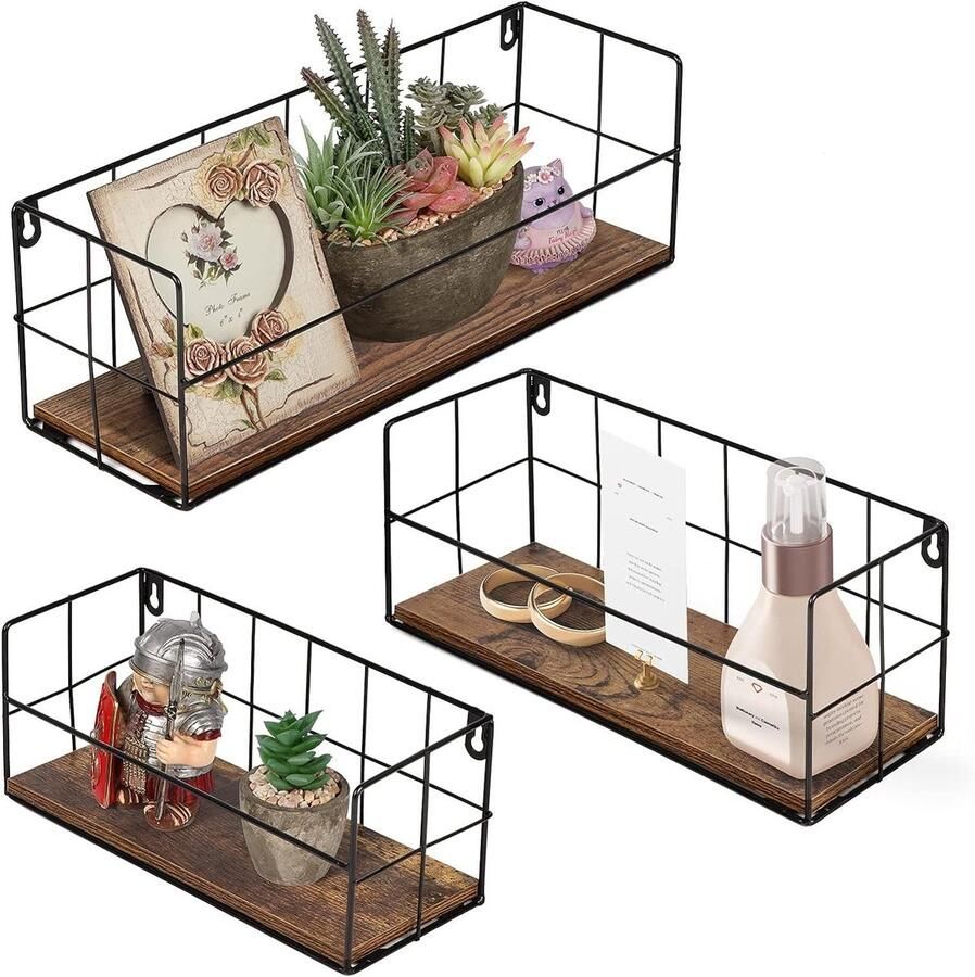 Rustiek Zwevend Rek Wandrek Zwart Metalen Rooster Woonkamer Badkamer Keuken Set van 3 27 33 40 cm