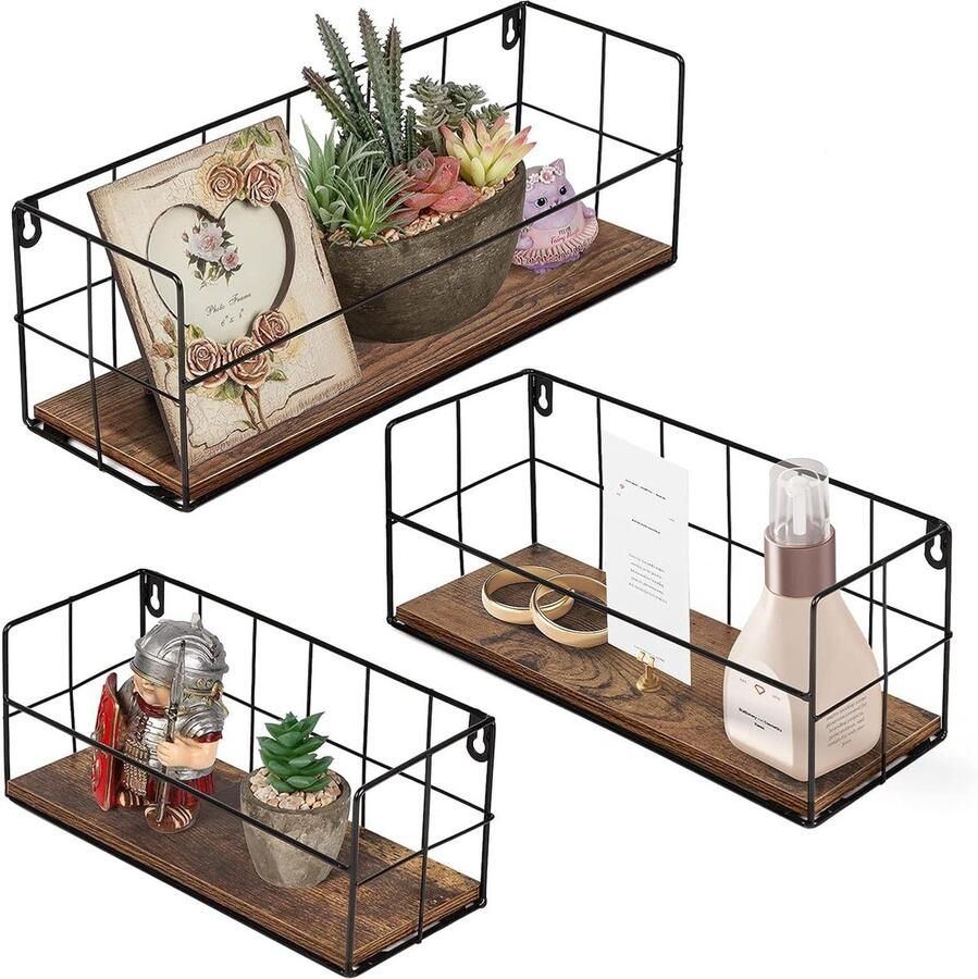 Rustiek zwevend wandrek wandmontage multifunctioneel 3 stuks zwart metaal