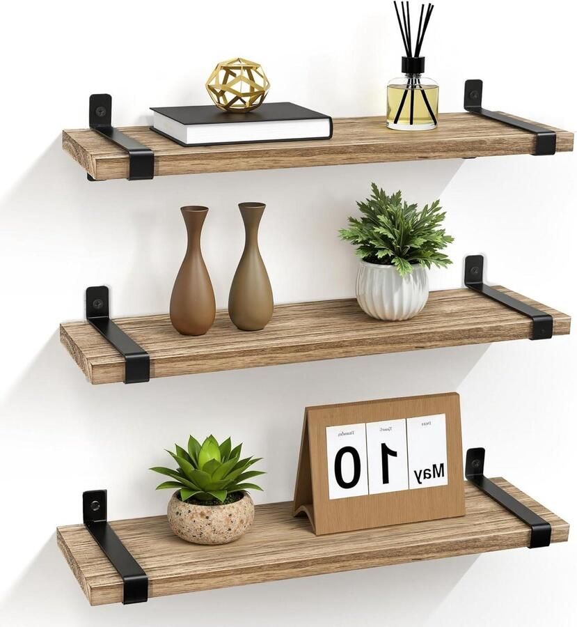 Rustiek zwevend wandrek met zwarte metalen planken voor een stijlvolle touch in huis