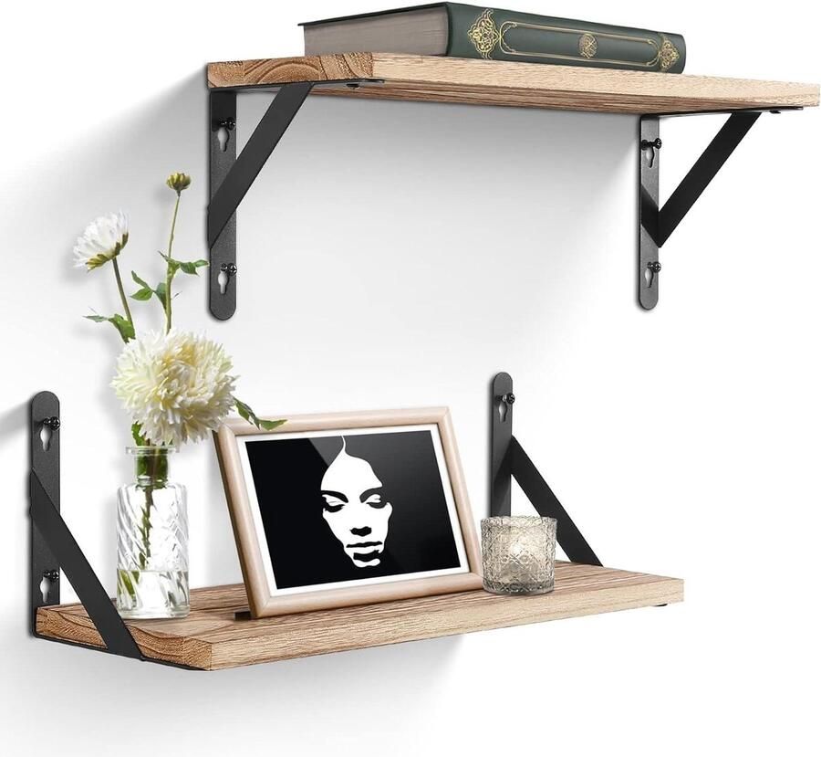 Rustiek zwevend wandrek set van 2 42 cm metaaldraad woonkamer slaapkamer keukenplank houtkleur vintage lichtbruin