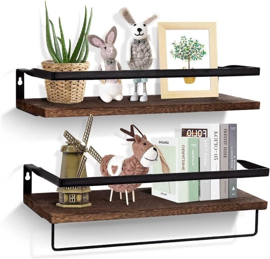 Rustiek zwevend wandrek set van 2 met handdoekhouder 42 x 15 x 75 cm Bruin